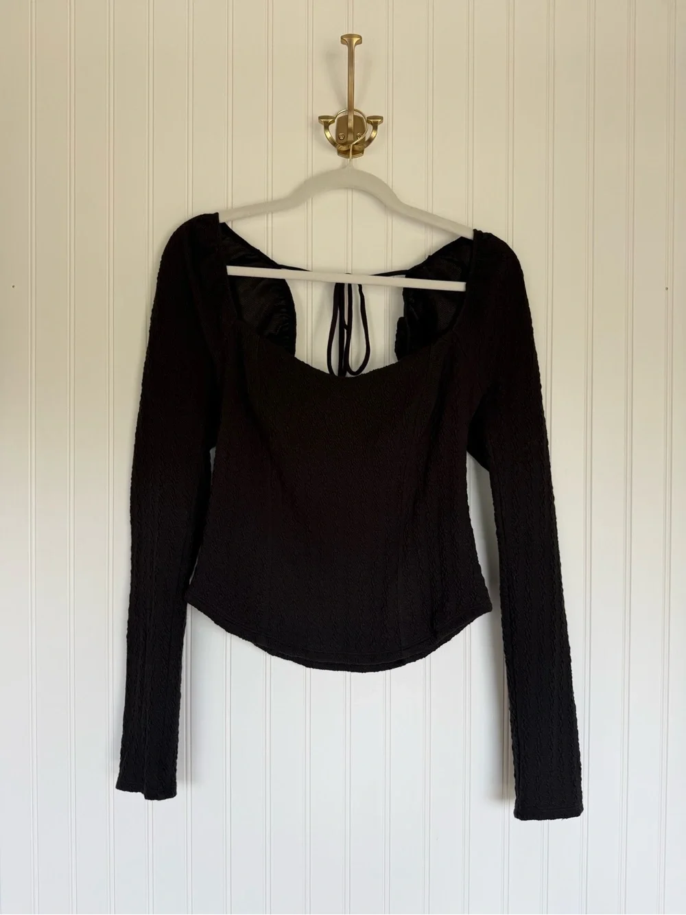 Free People Brittany Top Black Puff Sleeve Square Neck Tie Back Size L